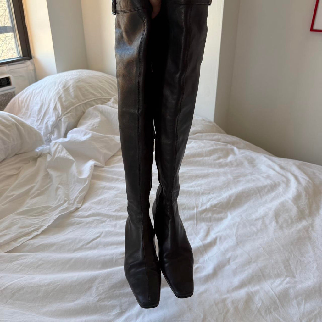 Gucci Vintage Black Leather Over-the-Knee Buckle Boots