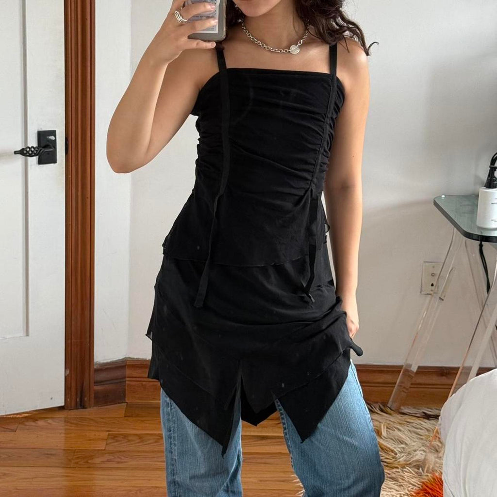Y2K Black Ruched Mesh Fairy Mini Dress