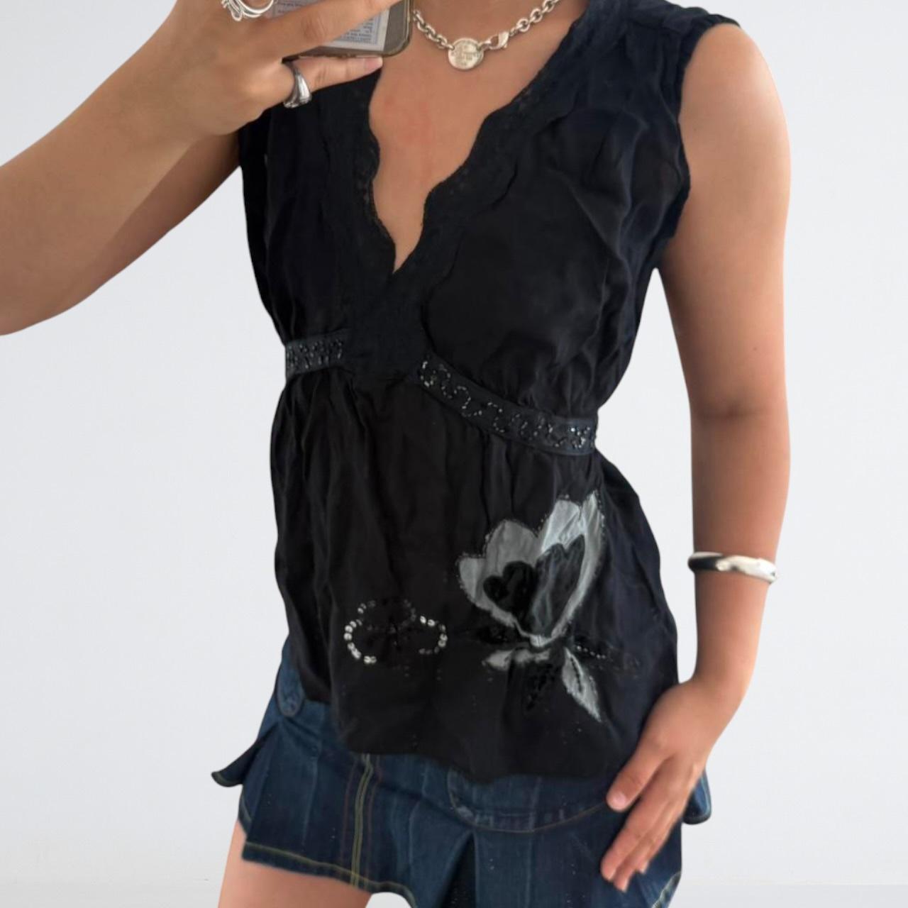 Black Floral Appliqué Beaded Cami Top