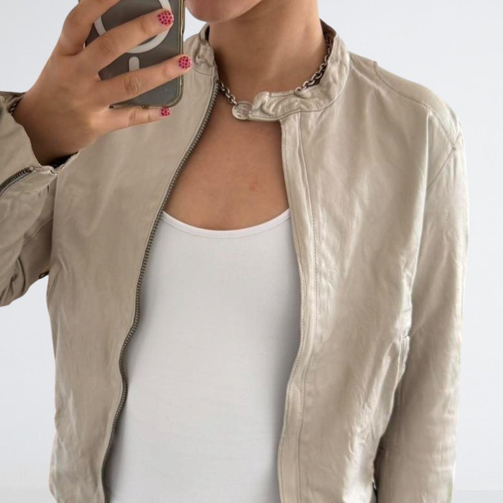 Cream Genuine Leather Motorcycle Jacket