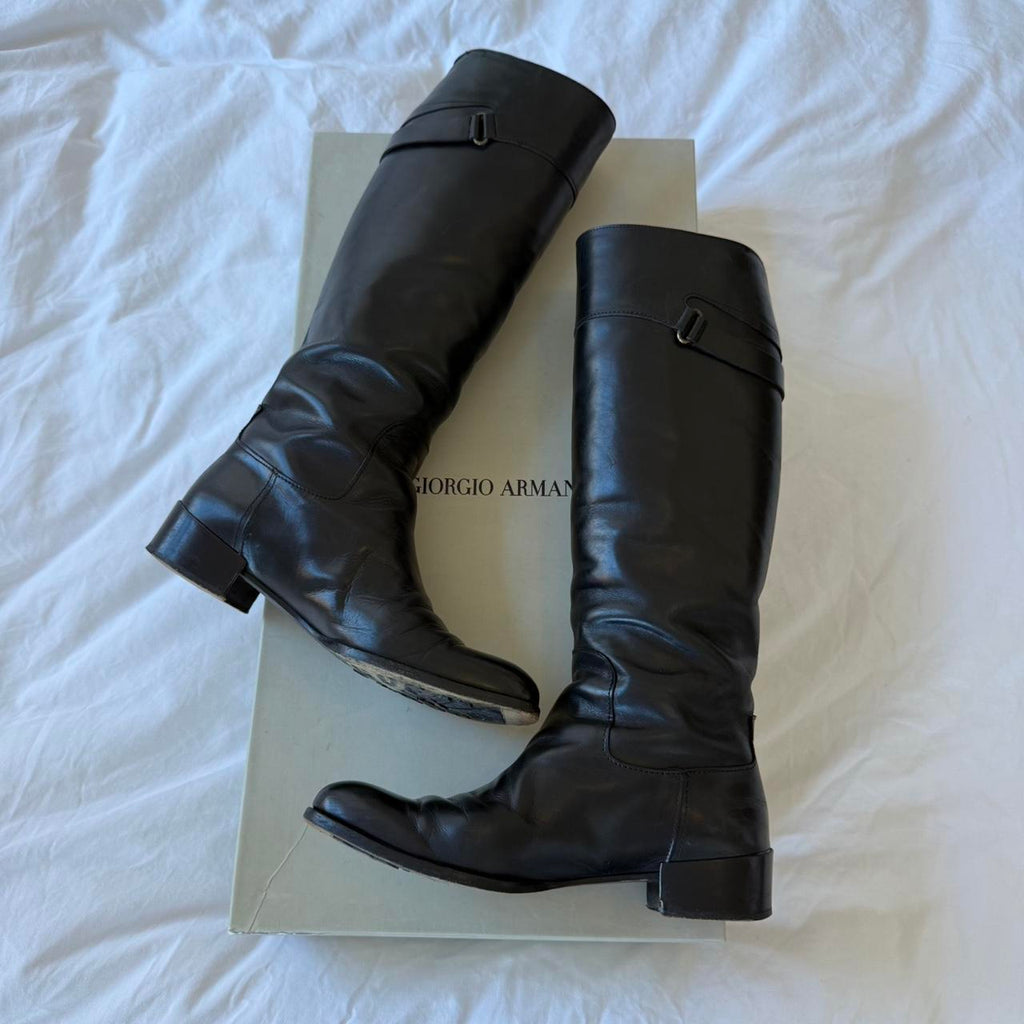 Giorgio Armani Black Leather Knee-High Riding Boots