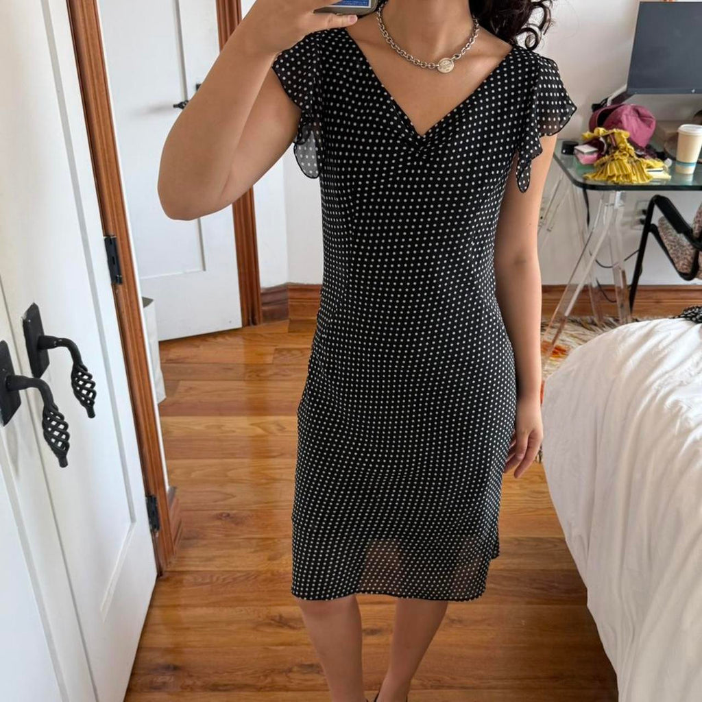 Black Polka Dot Ruched V-Neck Midi Dress