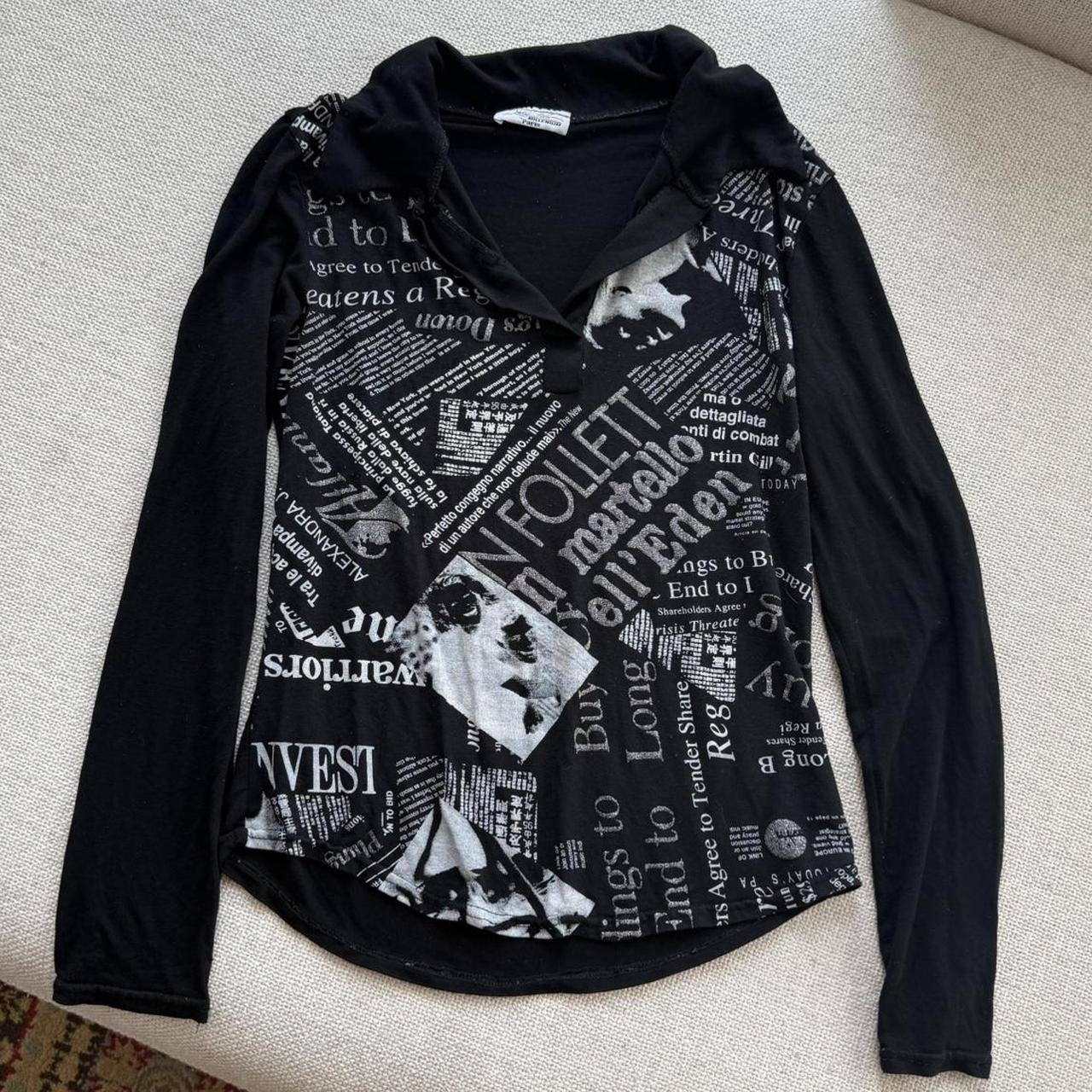 Y2K Black Newspaper Print Collared Top
