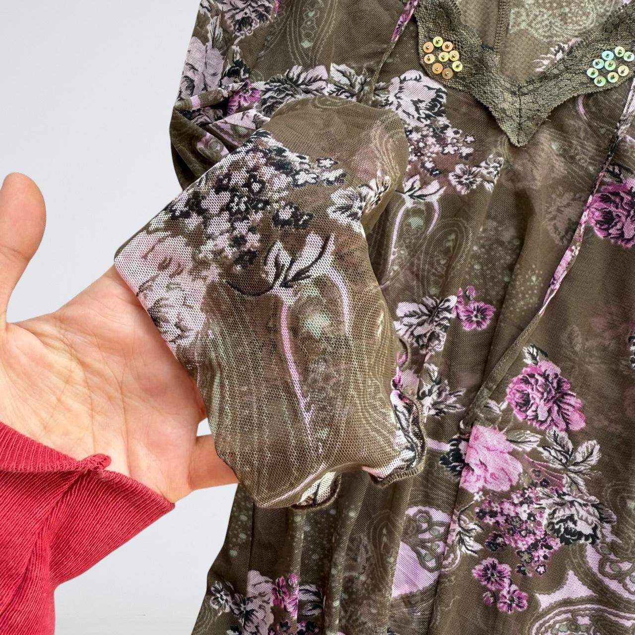 Y2K Olive Floral Mesh Sequin Long Sleeve Top