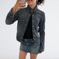 Y2K Mid-Wash Denim Snap-Front Shirt
