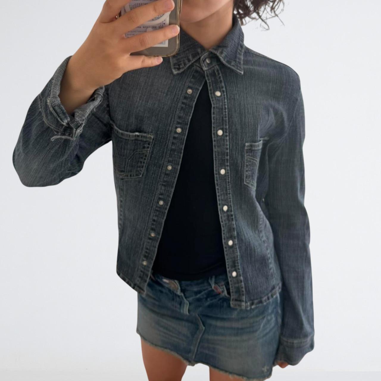 Y2K Mid-Wash Denim Snap-Front Shirt