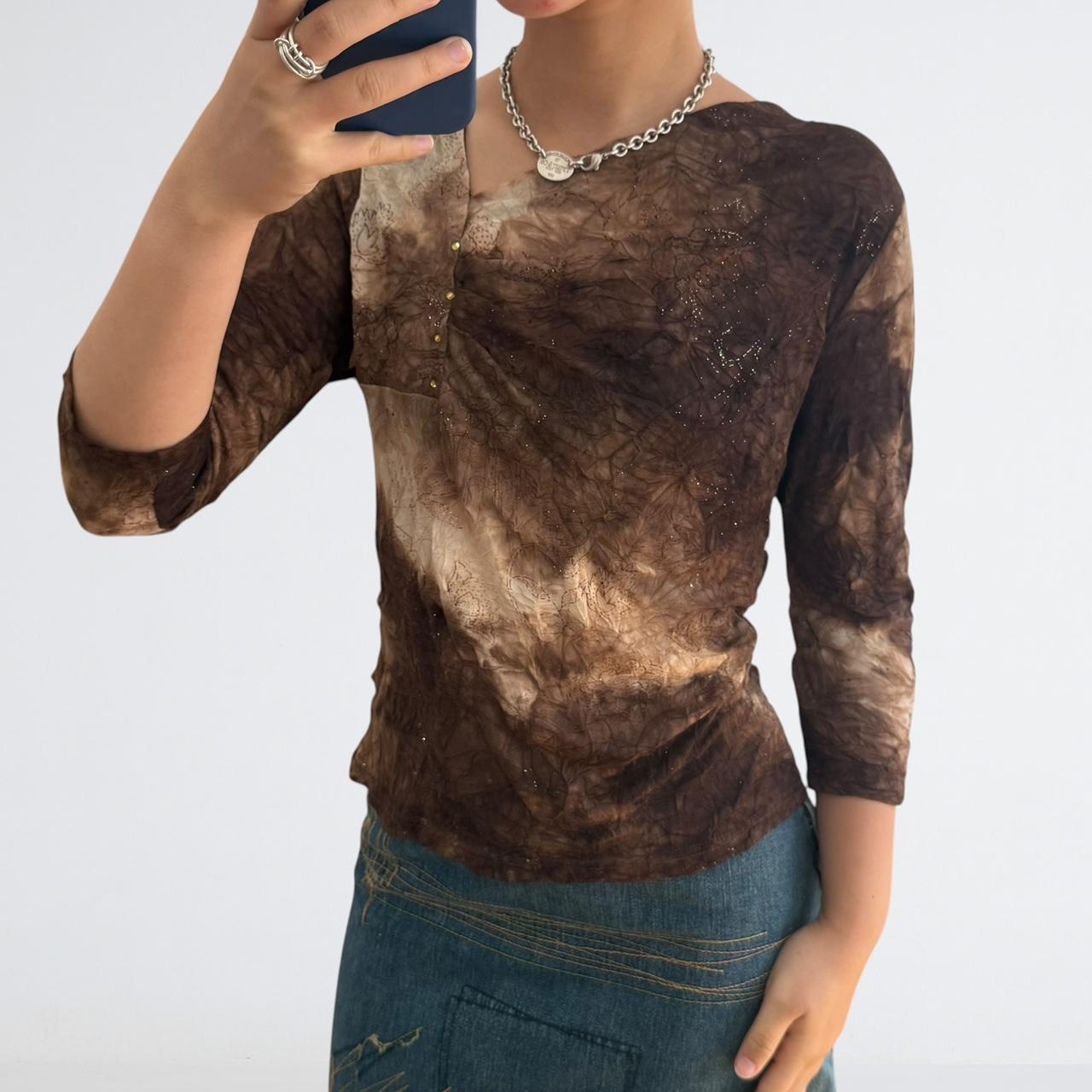 Brown Mesh Top with Gold Stud Detail